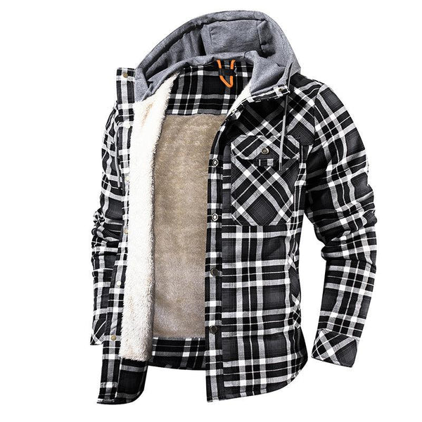 Men Warm Jacket Fleece Lining Lumberjack Plaid Hooded - GEARTA