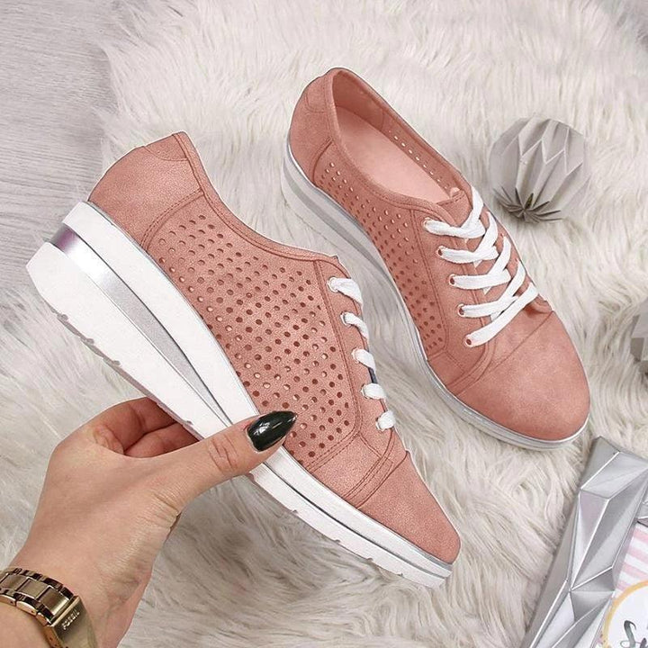 Hollow Out Breathable Wedge Heel Lace Up Casual Outdoor Shoes - Pink / 35 - GEARTA