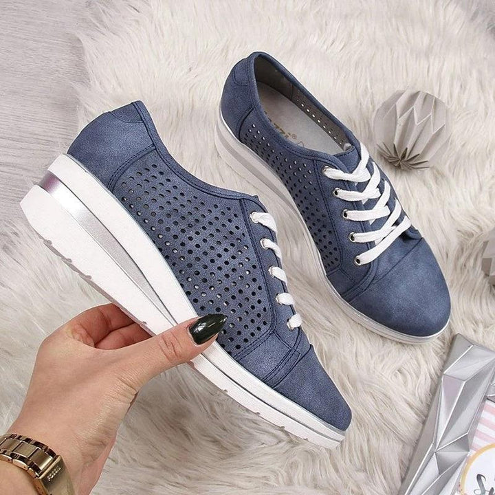 Hollow Out Breathable Wedge Heel Lace Up Casual Outdoor Shoes - GEARTA