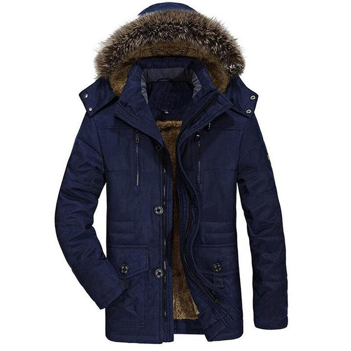 Winter Thick Casual Men Hooded Overcoats Windproof Parka Velvet Warm Coat - Blue / 2XL - GEARTA