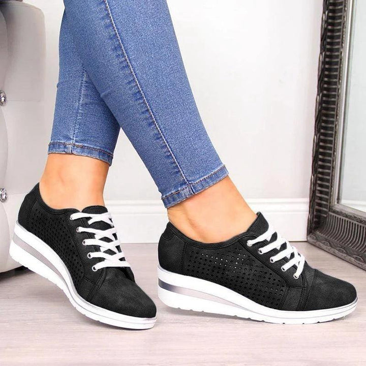 Hollow Out Breathable Wedge Heel Lace Up Casual Outdoor Shoes - Black / 35 - GEARTA