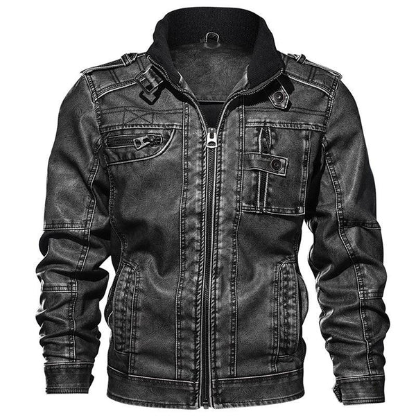 Men PU Casual Thick Motorcycle Leather Jacket Winter Windproof - Black / 3XL - GEARTA