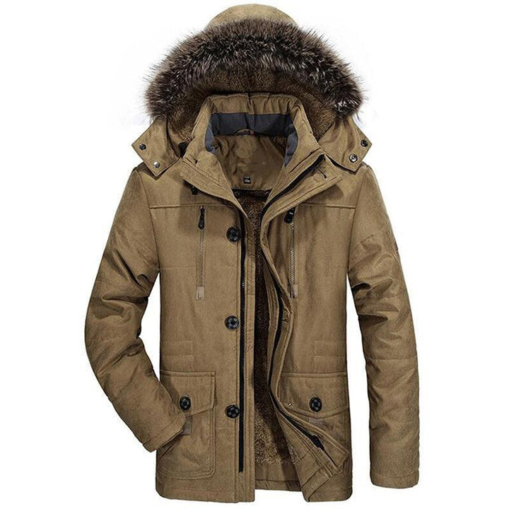 Winter Thick Casual Men Hooded Overcoats Windproof Parka Velvet Warm Coat - Khaki / M - GEARTA