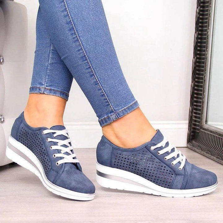 Hollow Out Breathable Wedge Heel Lace Up Casual Outdoor Shoes - GEARTA