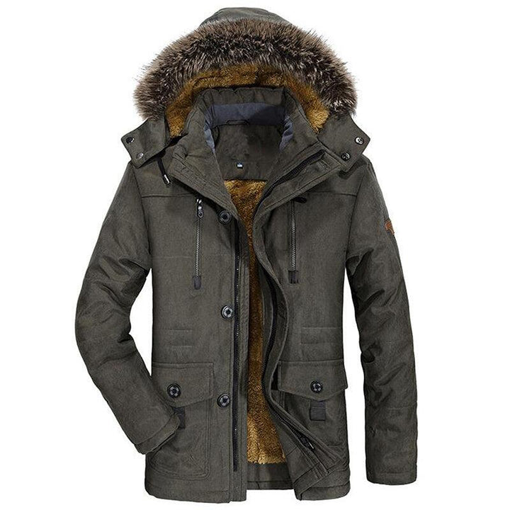 Winter Thick Casual Men Hooded Overcoats Windproof Parka Velvet Warm Coat - Dark Green / 2XL - GEARTA