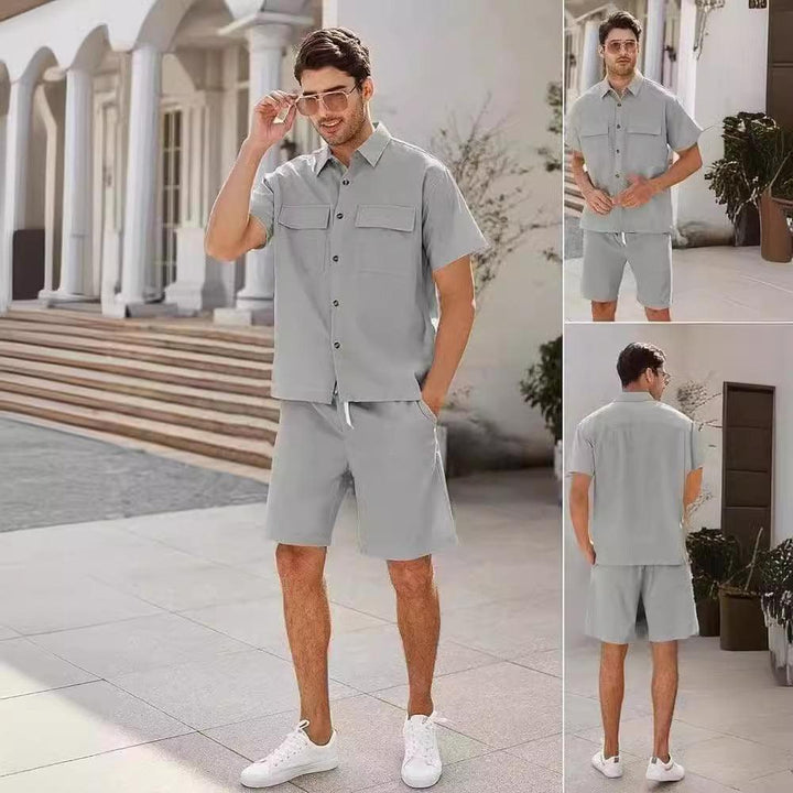 GEARTA - Summer Suits Men Short Sleeve Lapel Pockets Shirt And Drawstring Shorts Sports Fashion Leisure Men's Clothing